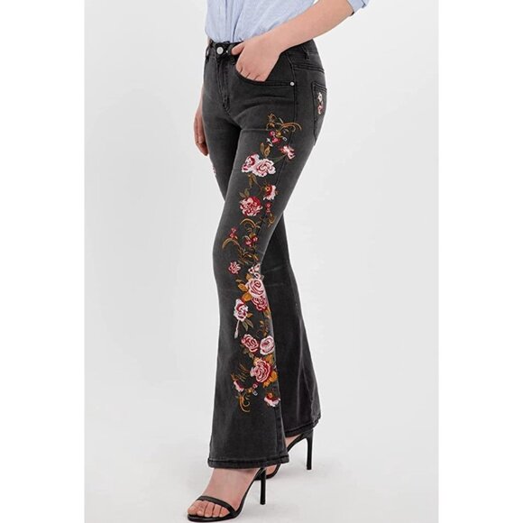 Gray Wash Floral Embroidered Patch High‎ Waisted Flare Bell Bottom Denim Jeans - Picture 1 of 7